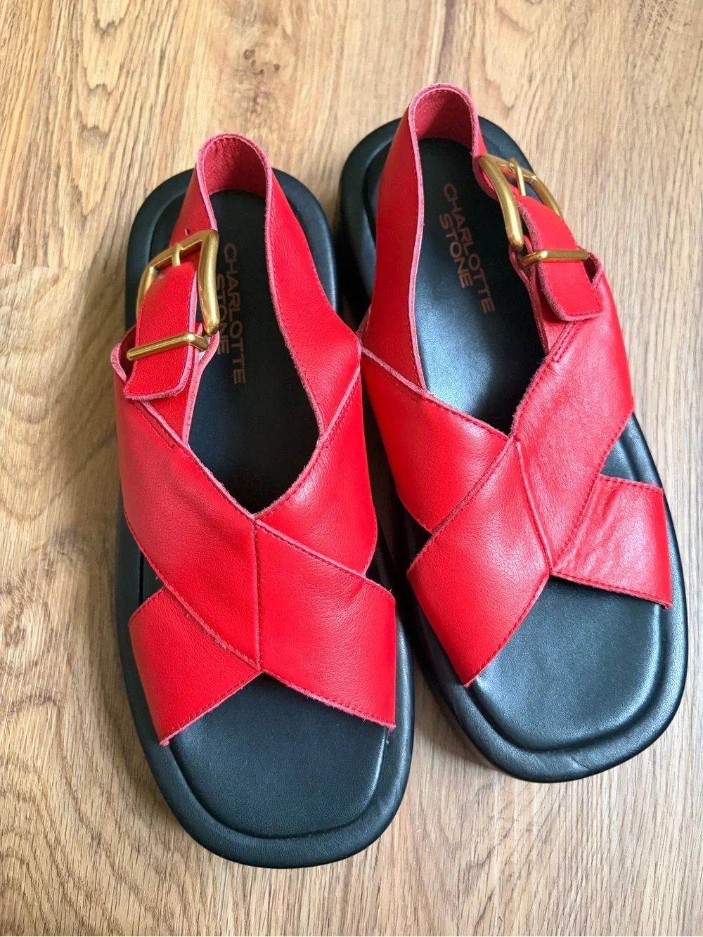 NWOT Charlotte Stone Red Leather Platform Cross-Strap Sandals with Gold Buckle